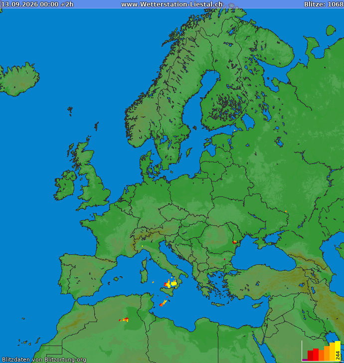 Mappa dei fulmini Europa 13.09.2026 (Animazione)